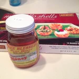 Bee Blessed honey from the local State Farmer's Market in Raleigh and mini fillo shells by Athen's (found at Harris Teeter).